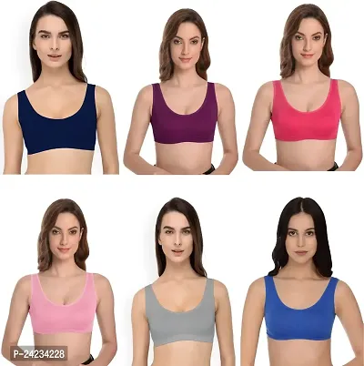 GLOBAL ENTERPRISE SHREENATHJI Online MART Women's 95% Cotton and 5% Spendex, Non-Padded, Non-Wired Air Sports Bra (Color:- Navy Blue-Magenta-Dark Pink-Grey-Pink-Blue) (Pack of 6) (Size:- 30)