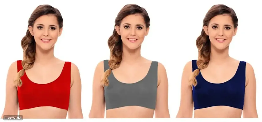 GLOBAL ENTERPRISE SHREENATHJI Online MART Women's 95% Cotton and 5% Spendex, Non-Padded, Non-Wired Air Sports Bra (Color:- Red-Grey-Navy Blue) (Pack of 3) (Size:- 34)