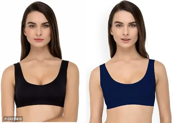 GLOBAL ENTERPRISE SHREENATHJI Online MART Women's 95% Cotton and 5% Spendex, Non-Padded, Non-Wired Air Sports Bra (Color:- Black  Navy Blue) (Pack of 2) (Size:- 32)-thumb0