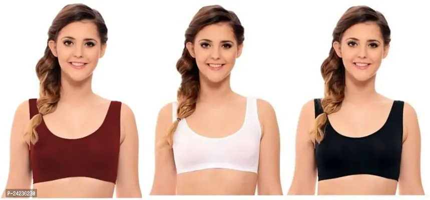 GLOBAL ENTERPRISE SHREENATHJI Online MART Women's 95% Cotton and 5% Spendex, Non-Padded, Non-Wired Air Sports Bra (Color:- Maroon-White-Black) (Pack of 3) (Size:- 32)-thumb0