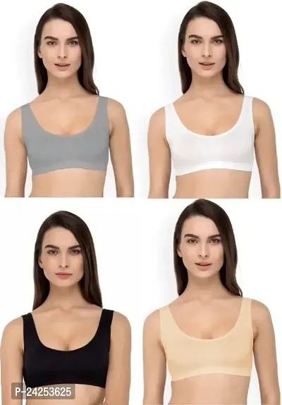 GLOBAL ENTERPRISE SHREENATHJI Online MART Women's 95% Cotton and 5% Spendex, Non-Padded, Non-Wired Air Sports Bra (Color:- Grey-White-Black-Cream) (Pack of 4) (Size:- 34)-thumb0