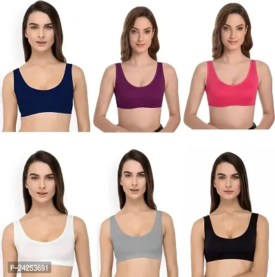 GLOBAL ENTERPRISE SHREENATHJI Online MART Women's 95% Cotton and 5% Spendex, Non-Padded, Non-Wired Air Sports Bra (Color:- Navy Blue-Magenta-Dark Pink-White-Grey-Black) (Pack of 6) (Size:- 34)