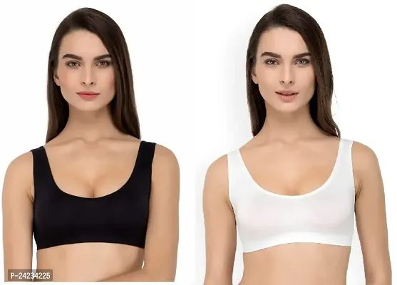 GLOBAL ENTERPRISE SHREENATHJI Online MART Women's 95% Cotton and 5% Spendex, Non-Padded, Non-Wired Air Sports Bra (Color:- Black  White) (Pack of 2) (Size:- Free)-thumb0