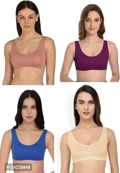GLOBAL ENTERPRISE SHREENATHJI Online MART Women's 95% Cotton and 5% Spendex, Non-Padded, Non-Wired Air Sports Bra (Color:- Gajari-Magenta-Blue-Cream) (Pack of 4) (Size:- 28)-thumb0