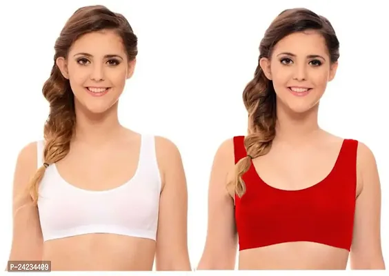 GLOBAL ENTERPRISE SHREENATHJI Online MART Women's 95% Cotton and 5% Spendex, Non-Padded, Non-Wired Air Sports Bra (Color:- White  Dark Red) (Pack of 2) (Size:- 34)-thumb0