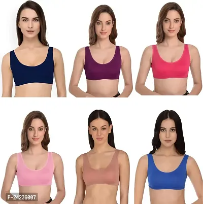 GLOBAL ENTERPRISE SHREENATHJI Online MART Women's 95% Cotton and 5% Spendex, Non-Padded, Non-Wired Air Sports Bra (Color:- Navy Blue-Magenta-Dark Pink-Pink-Gajari-Blue) (Pack of 6) (Size:- 28)