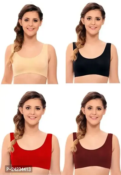 GLOBAL ENTERPRISE SHREENATHJI Online MART Women's 95% Cotton and 5% Spendex, Non-Padded, Non-Wired Air Sports Bra (Color:- Beige-Black-Red-Maroon) (Pack of 4) (Size:- Free)-thumb0