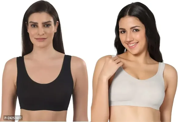 GLOBAL ENTERPRISE SHREENATHJI Online MART Women's 95% Cotton and 5% Spendex, Non-Padded, Non-Wired Air Sports Bra (Color:- Black  Light Grey) (Pack of 2) (Size:- 30)