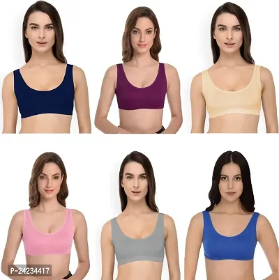 GLOBAL ENTERPRISE SHREENATHJI Online MART Women's 95% Cotton and 5% Spendex, Non-Padded, Non-Wired Air Sports Bra (Color:- Navy Blue-Magenta-Cream-Pink-Grey-Blue) (Pack of 6) (Size:- Free)-thumb0