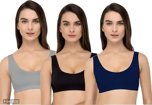 GLOBAL ENTERPRISE SHREENATHJI Online MART Women's 95% Cotton and 5% Spendex, Non-Padded, Non-Wired Air Sports Bra (Color:- Navy Blue-Black-Grey) (Pack of 3) (Size:- 32)