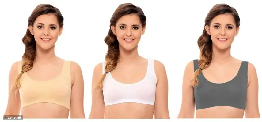GLOBAL ENTERPRISE SHREENATHJI Online MART Women's 95% Cotton and 5% Spendex, Non-Padded, Non-Wired Air Sports Bra (Color:- Beige-White-Grey) (Pack of 3) (Size:- 30)