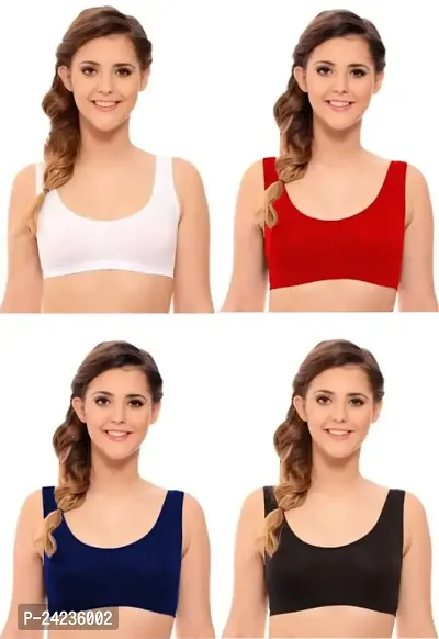 GLOBAL ENTERPRISE SHREENATHJI Online MART Women's 95% Cotton and 5% Spendex, Non-Padded, Non-Wired Air Sports Bra (Color:- White-Red-Navy Blue-Black) (Pack of 4) (Size:- 28)