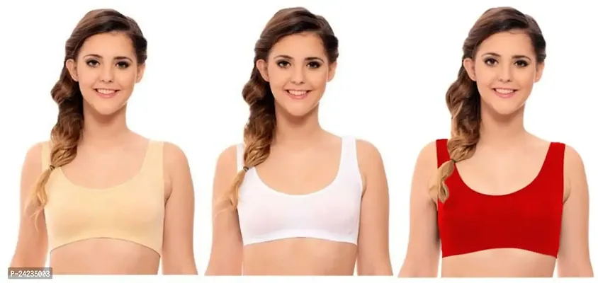 GLOBAL ENTERPRISE SHREENATHJI Online MART Women's 95% Cotton and 5% Spendex, Non-Padded, Non-Wired Air Sports Bra (Color:- Beige-White-Red) (Pack of 3) (Size:- 32)