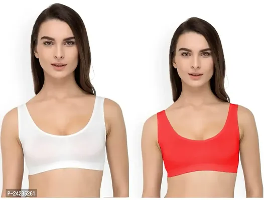 GLOBAL ENTERPRISE SHREENATHJI Online MART Women's 95% Cotton and 5% Spendex, Non-Padded, Non-Wired Air Sports Bra (Color:- White  Red) (Pack of 2) (Size:- 32)-thumb0