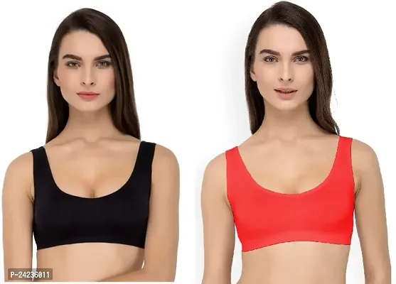 GLOBAL ENTERPRISE SHREENATHJI Online MART Women's 95% Cotton and 5% Spendex, Non-Padded, Non-Wired Air Sports Bra (Color:- Black  Red) (Pack of 2) (Size:- 30)-thumb0