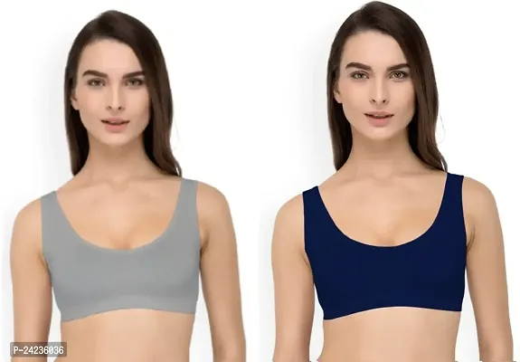 GLOBAL ENTERPRISE SHREENATHJI Online MART Women's 95% Cotton and 5% Spendex, Non-Padded, Non-Wired Air Sports Bra (Color:- Grey  Navy Blue) (Pack of 2) (Size:- Free)-thumb0
