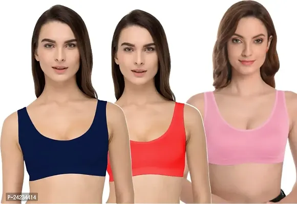 GLOBAL ENTERPRISE SHREENATHJI Online MART Women's 95% Cotton and 5% Spendex, Non-Padded, Non-Wired Air Sports Bra (Color:- Navy Blue-Red-Pink) (Pack of 3) (Size:- 34)-thumb0