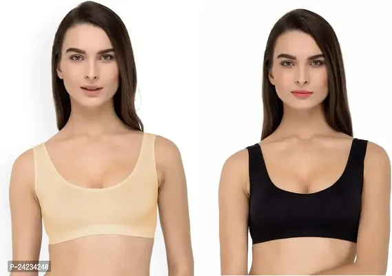 GLOBAL ENTERPRISE SHREENATHJI Online MART Women's 95% Cotton and 5% Spendex, Non-Padded, Non-Wired Air Sports Bra (Color:- Cream  Black) (Pack of 2) (Size:- 30)-thumb0