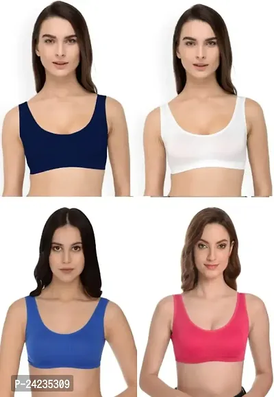 GLOBAL ENTERPRISE SHREENATHJI Online MART Women's 95% Cotton and 5% Spendex, Non-Padded, Non-Wired Air Sports Bra (Color:- Navy Blue-White-Blue-Dark Pink) (Pack of 4) (Size:- 30)-thumb0