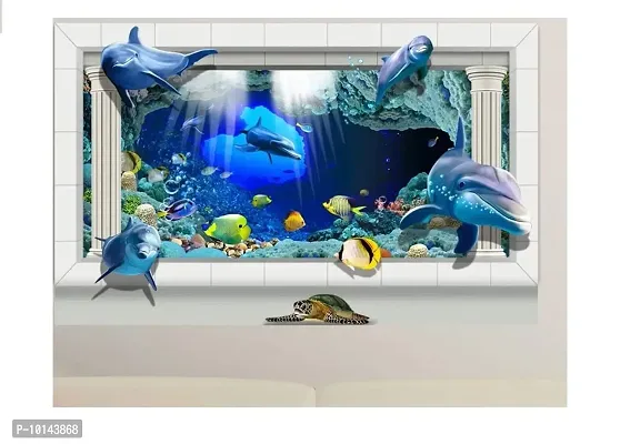 MADHUBAN DECOR 3D Dolphins Removable Wall Sticker Decal for Home Decor (PVC Vinyl, 75x47 cm, Multicolour)-thumb0