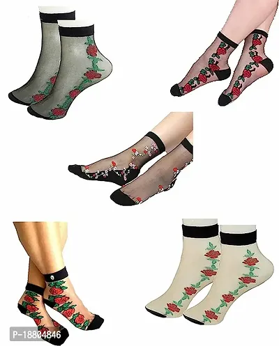 Stylathon Multi Design Transparent Ankle Length Socks For Women (Pack Of 5)