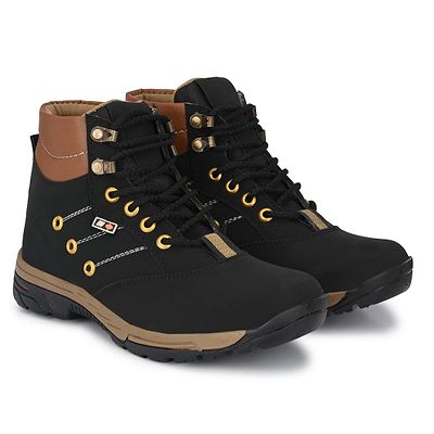Black Synthetic Leather Flat Boots For Men