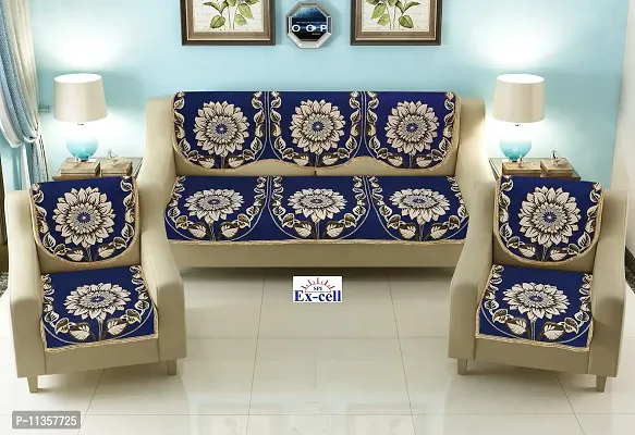 SPIEx-cell Excell loomtex Presents P_24 Blue Exclusive Royal Look Velvet Sofa Cover Set of Heavy Fabric 500 TC Floral Design 5 Seater Sofa Cover -| Set of 10 Piece |