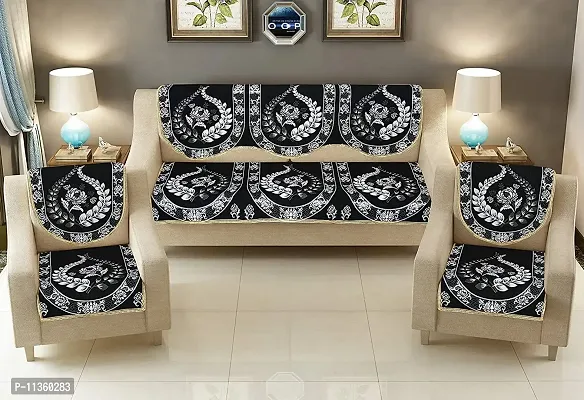 Excell loomtex Presents Exclusive Royal Look Velvet Heavy Fabric 500 TC Floral Design 5 Seater Sofa Cover Set (Black, Medium) Set of 10 Pieces-thumb0