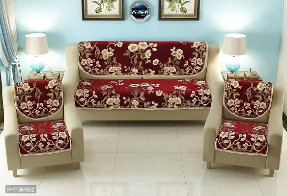 SPIEx-cell Excell loomtex Presents 081_Panel MAHROON Exclusive Royal Look Velvet Sofa Cover Set of Heavy Fabric 500 TC Floral Design 5 Seater Sofa Cover -| Set of 10 Piece |-thumb0
