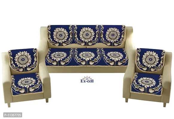 SPIEx-cell Excell loomtex Presents P_24 Blue Exclusive Royal Look Velvet Sofa Cover Set of Heavy Fabric 500 TC Floral Design 5 Seater Sofa Cover -| Set of 10 Piece |-thumb2