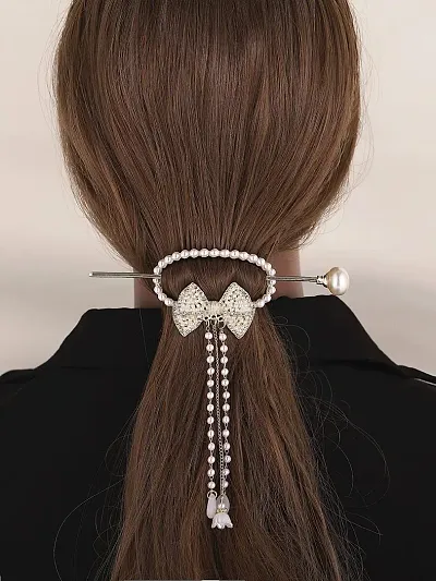 VSAKSH Tassel Pearl Hair Stick Elegant With Bow Tie Metal clip Bun Holder Hair Accessories For Girls  Women