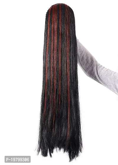 VSAKSH 30 inch Black  Red Highlighted Synthetic Long Shiny Straight Hair Extension Wig (Black Red Highlight) for Women  Girls