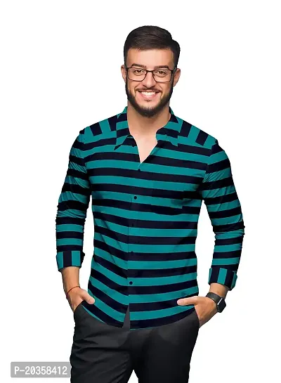 SARAAI Men's Striped Slim fit Shirt (38, Turquoise Blue)-thumb0