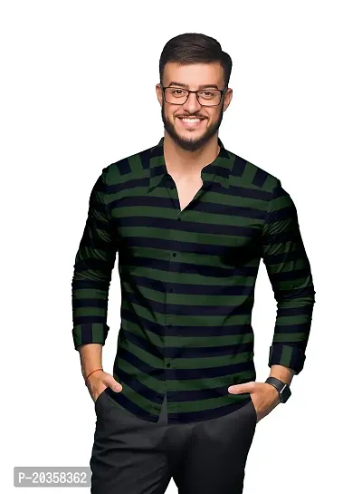 SARAAI Men's Striped Slim fit Shirt (38, Dark Olive)-thumb0