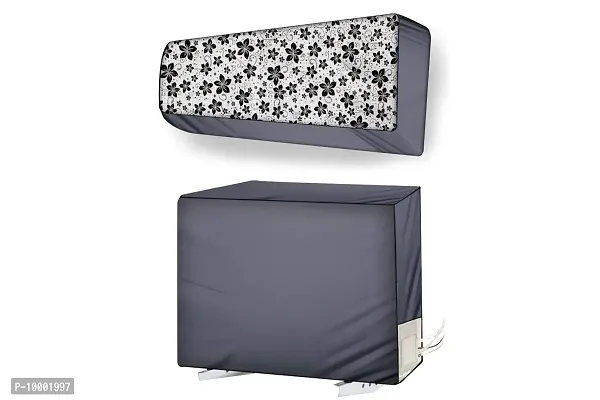 The Furnishing Tree Split AC cover for indoor and outdoor unit of 1 ton waterproof and dustproof Grey and Black Floral pattern