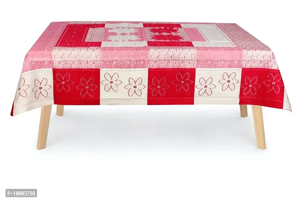 The Furnishing Tree 100 % Cotton Table Cover Floral Pattern for 6 Seater Table (60x90 inches) Red & White Color with 0.15 mm Transparent PVC Protector