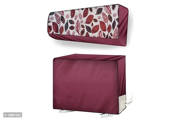 The Furnishing Tree Split AC cover for indoor and outdoor unit of 1.5 ton waterproof and dustproof Maroon leaves pattern