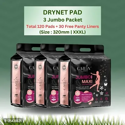 Anti bacterial Sanitary Pads With Drynet Technology (Size - 320mm | XXXL) (3 Packet) (Total 120 Pads + Free 30 Panty Liner)-thumb0