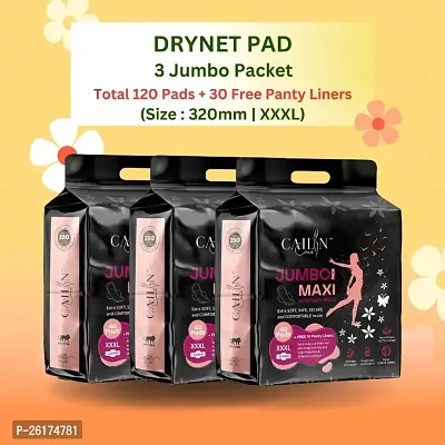 Anti bacterial Sanitary Pads With Drynet Technology (Size - 320mm | XXXL) (3 Packet) (Total 120 Pads + Free 30 Panty Liner)-thumb0