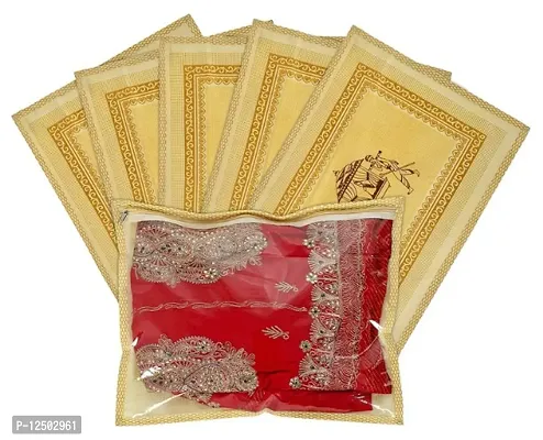 Dolli Printed Non Woven Transparent Waterproof Single Saree plastic Cover With Zip- Pack of 6 (Gold)-thumb0
