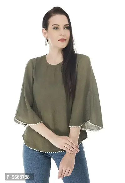 Sei Bello Women Regular Fit Solid Casual Tops (Medium, Olive Green)