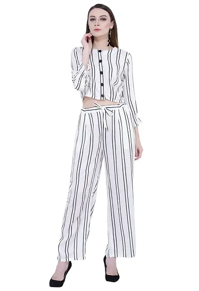 Women's Striped Palazzo and Crop Top Set (X-Small, White)