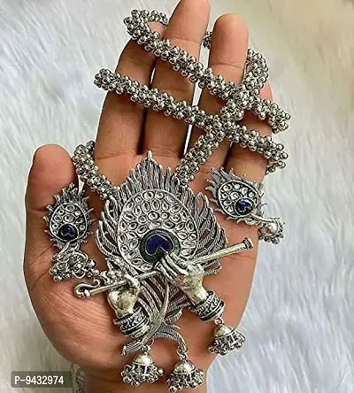 Silver Oxidised Designer Jewellery Krishna Flute Necklace Set for Women  Girls-thumb3
