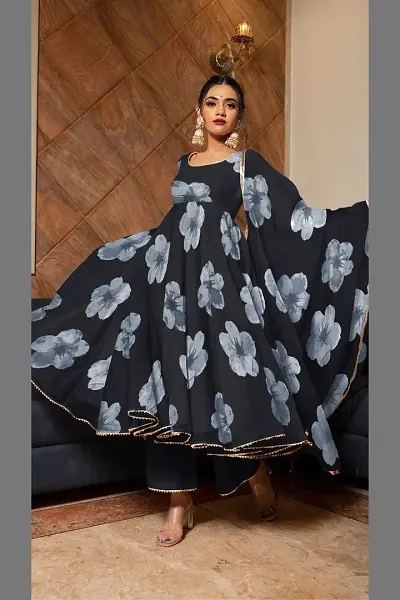 Stylish Georgette Printed Ethnic Gown Dupatta Set