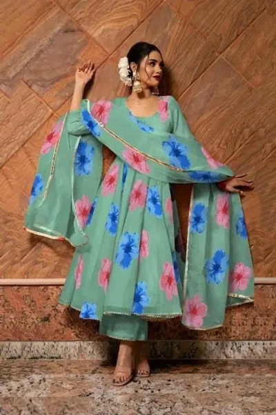 Stylish Georgette Printed Ethnic Gown Dupatta Set