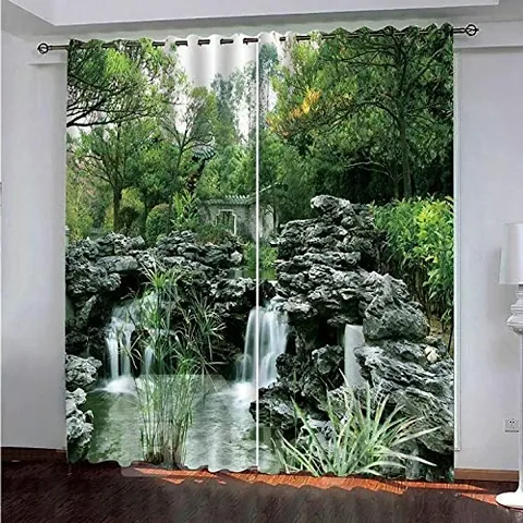 VJ 3D Rock Waterfalls Digital Printed Polyester Fabric Curtains for Bed Room, Living Room Kids Room Color Green Window/Door/Long Door (D.N.32)