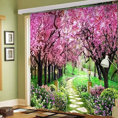 VJ 3D Forest Digital Printed Polyester Fabric Curtains for Bed Room, Living Room Kids Room Color Pink Window/Door/Long Door (D.N.199)