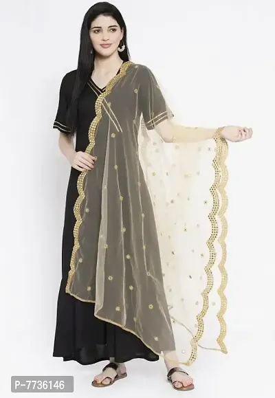 Mirror Work Net Scalloped Dupatta in Golden