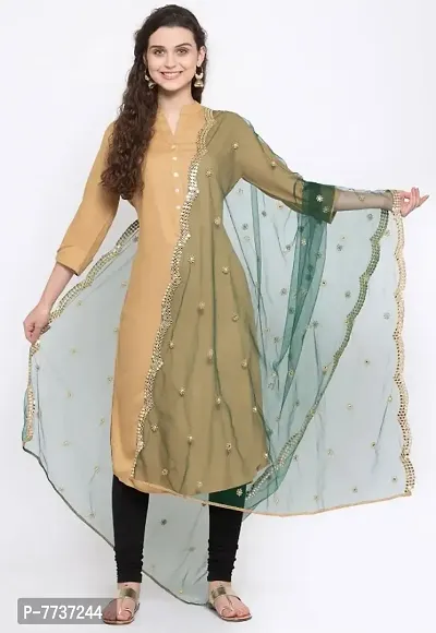 Mirror Work Net Scalloped Dupatta in Light Green