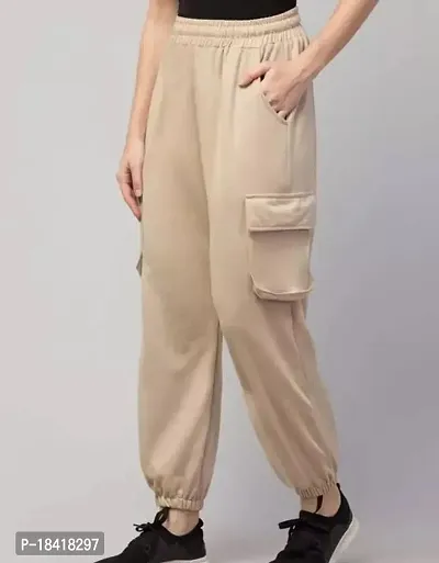 Elegant Beige Lycra Solid Trousers For Women